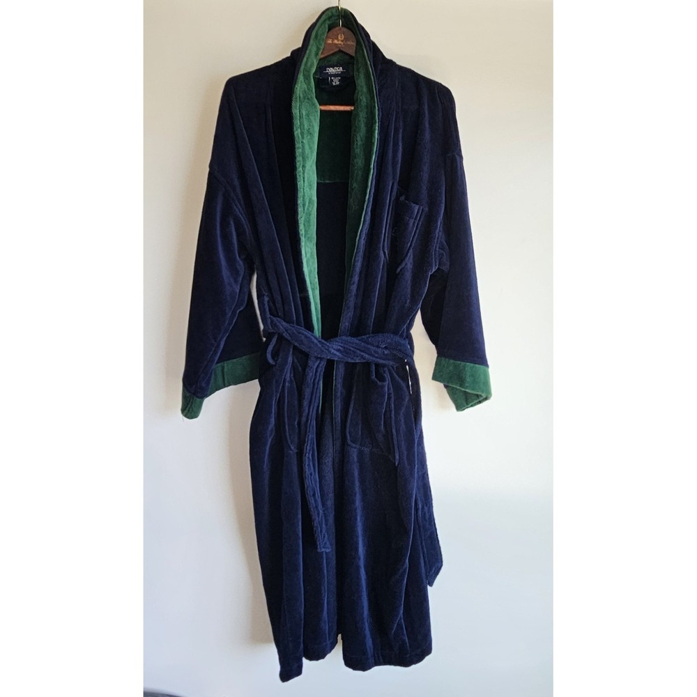 Vintage 90's Nautica Mens Belted Terry Cloth Bath Robe Navy & Green One Size... - Picture 6 of 6